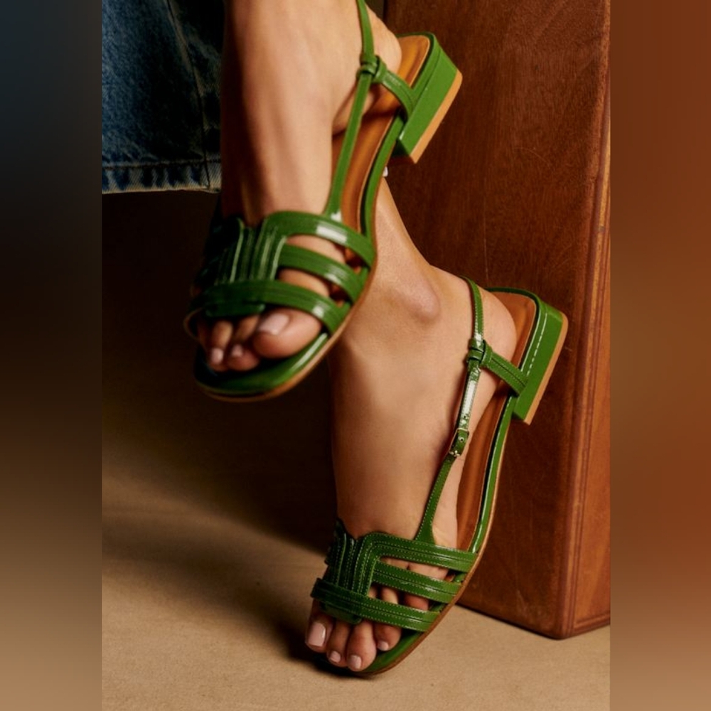 Sezane Josepha Low Sandals Green Patent
